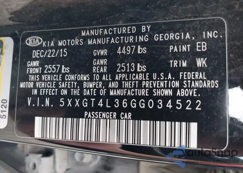 2016 Kia Optima Lx из США, поврежденный, VIN 5XXGT4L36GG034522